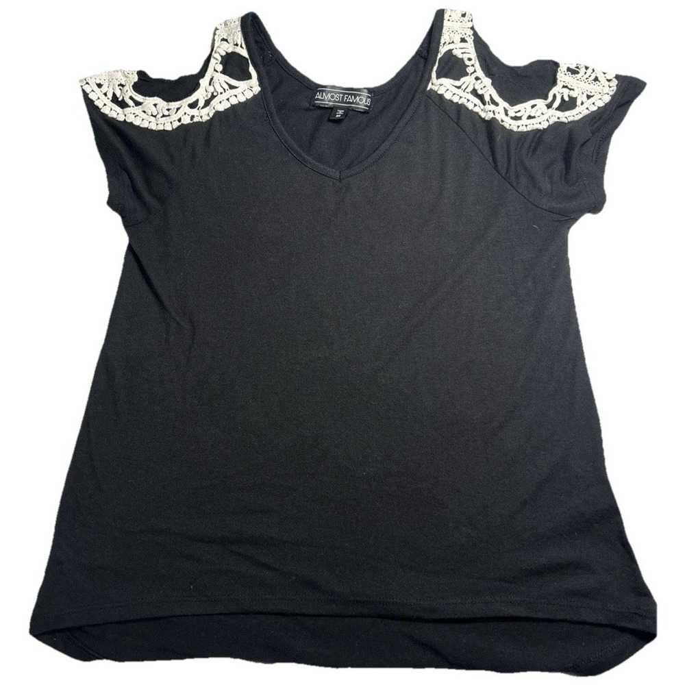 Almost Famous Women's Black Cold Shoulder Top Crochet Trim S M Short Sleeve(231)
